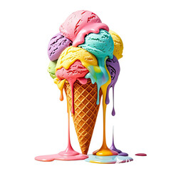 Melting Rainbow Ice Cream In Waffle Cone, Generative AI