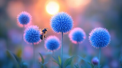 Sunset blooms, bee in flight. Soft focus