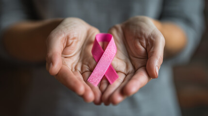 A woman's hands hold a pink ribbon for Breast Cancer Awareness Month. A symbol of support, hope, and solidarity for patients and survivors.
