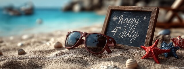 Independence Day - US Flag, July 4th, Sunglasses, starfish, flip flops on sandy tropical beach with blue ocean background