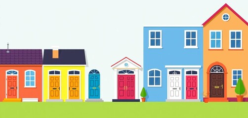 Vibrant flat-design vector icons of colorful house and building front doors,  graphic,  vibrant