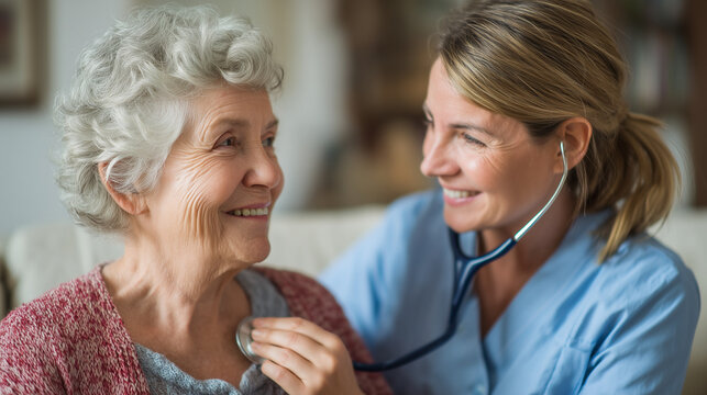 A friendly home nurse checks the health of a cheerful senior lady with a stethoscope. A concept for geriatric care, home visits, and trusted medical assistance for the elderly
