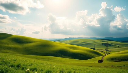 Fototapeta premium Vibrant green rolling hills, lush meadows, sunny sky, playful clouds, vector, rural