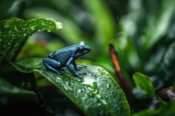 Bright blue poison dart frog resting on a leaf in a lush rainforest macro photography vibrant nature scene captured from a close-up perspective