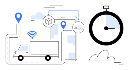 Truck navigating route with GPS tracking and wireless signal, overlaid by smartphone with delivery data, stopwatch for timing. Ideal for logistics, delivery, time management, efficiency, GPS, supply