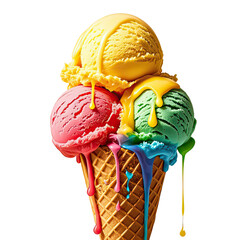 Melting Rainbow Ice Cream In Waffle Cone, Generative AI