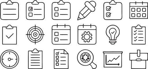 Action Plan Icon Set in Black Outline Style Featuring Strategy Checklist and Task Symbols