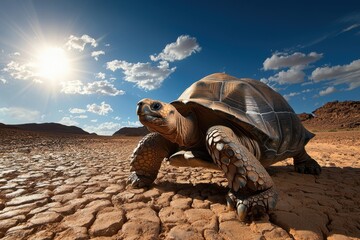 Giant tortoise navigating dry desert landscape wildlife adventure nature photography vast arid environment close-up view slow movement concept