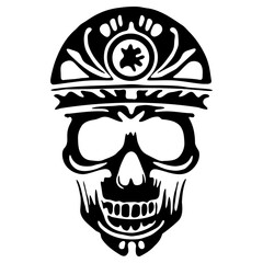 A skull featuring intricate tribal designs of silhouettes