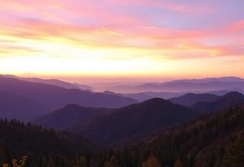 Obraz premium Violet dawn sky over majestic mountain range, lush forest and rolling hills, scenery, landscape