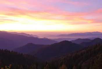 Fototapeten Violet dawn sky over majestic mountain range, lush forest and rolling hills,  scenery,  landscape © Bamphen
