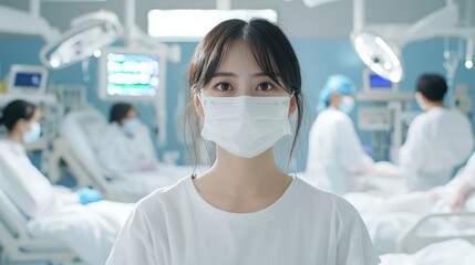 A woman wearing a mask stands in front of a hospital bed