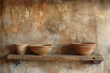 Handmade terracotta pots resting on shelf high resolution picture