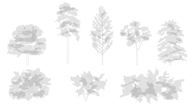Trees and bushes in elevation view for use in architectural drawings