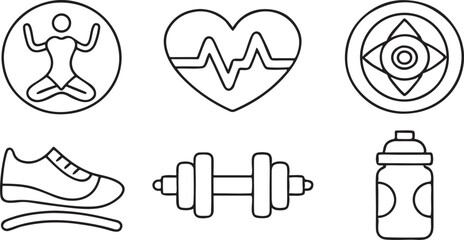 Fitness and Wellness Icon Set in Flat Healthy Style Featuring Yoga Dumbbell Water and Heart