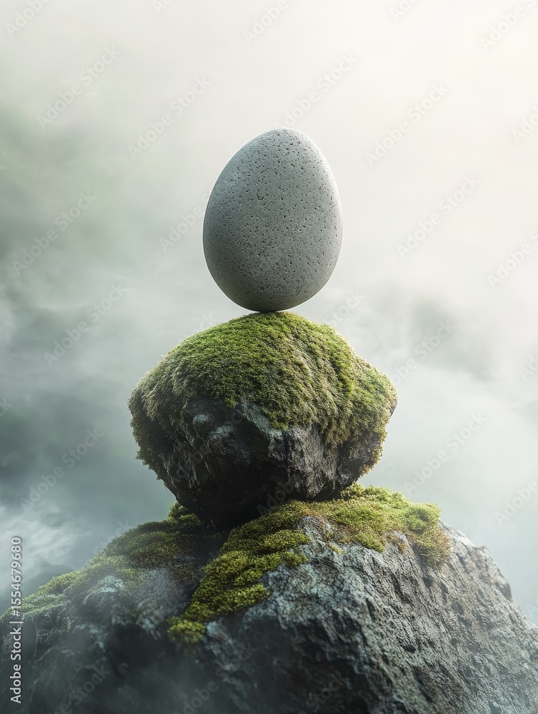 Poster stacked stones with moss on a misty background representing balance and tranquility.