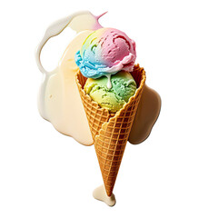 Melting Rainbow Ice Cream In Waffle Cone, Generative AI