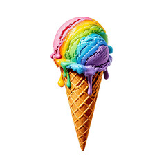 Melting Rainbow Ice Cream In Waffle Cone, Generative AI