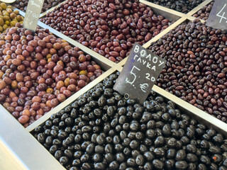 fresh Various olives at a Greek weekly market