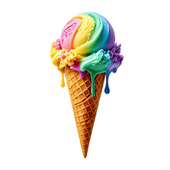 Melting Rainbow Ice Cream In Waffle Cone, Generative AI