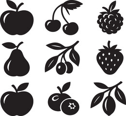 Black Fruit Icons Set &ndash; Apple, Cherry, Pear, Berry Silhouettes