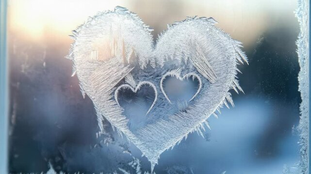 A frozen heart visible through a cold winter window