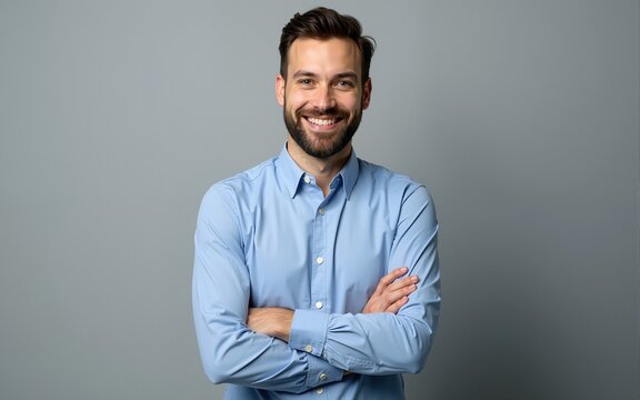Handsome business man in blue shirt standing with crossed arms on gray background. High quality