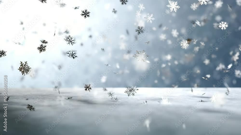 Poster Hyperrealistic snowflakes swirl and slowly fall to the surface. A mesmerizing winter background for any project.