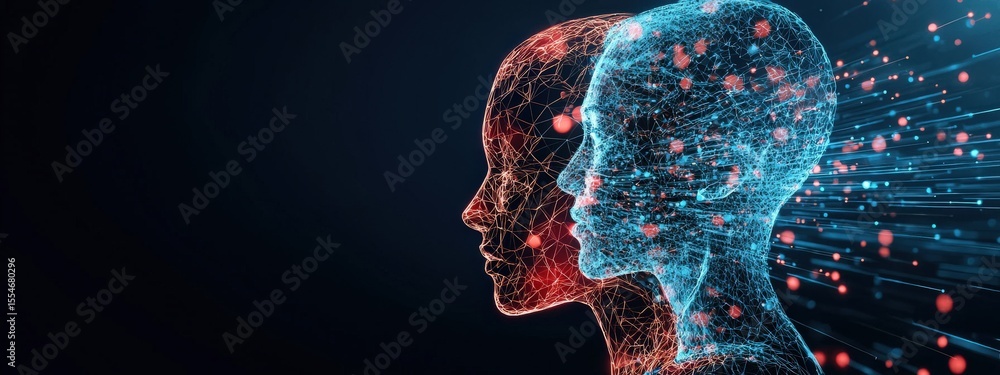 Poster two faces are shown in a computer generated image