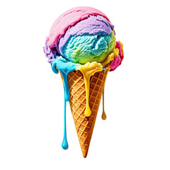 Melting Rainbow Ice Cream In Waffle Cone, Generative AI