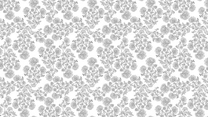 Repeating floral pattern with delicate lines and intricate flower designs on a white background