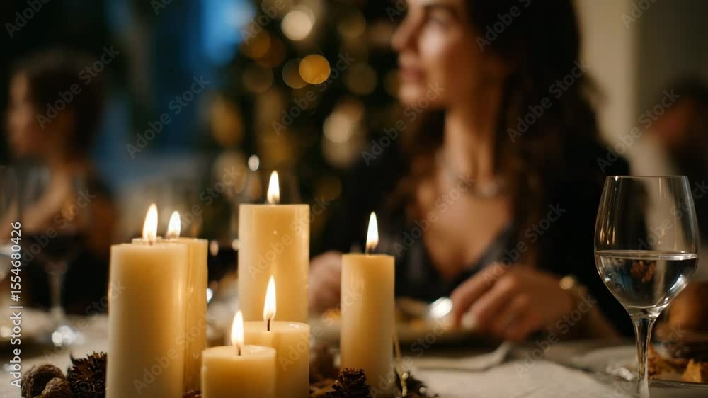 Poster candlelit dinner with family or friends. close-up of candles illuminating a festive table with a wom