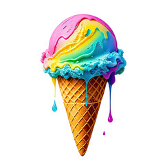 Melting Rainbow Ice Cream In Waffle Cone, Generative AI