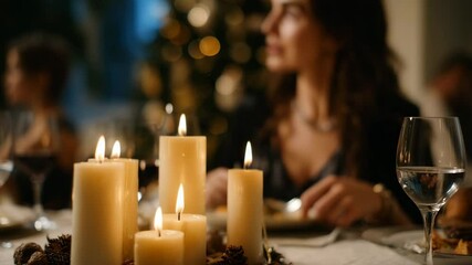 Candlelit dinner with family or friends. Close-up of candles illuminating a festive table with a woman enjoying her dinner in the background. Perfect for Christmas and New Year themes. - Powered by Adobe