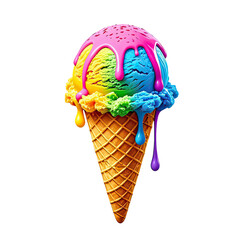 Melting Rainbow Ice Cream In Waffle Cone, Generative AI