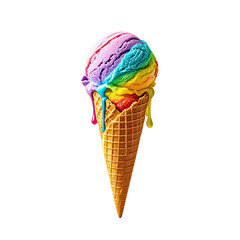 Melting Rainbow Ice Cream In Waffle Cone, Generative AI