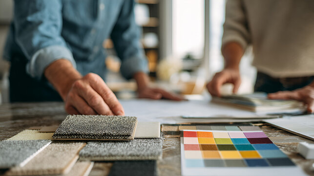 Designers review swatches on marble table shirt sleeves rolled - Powered by Adobe