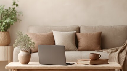 4k Interior of cozy home office living room, indoor   aesthetic, wallpaper background