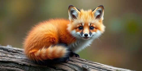 A fluffy fox kit perched on a log, playful gaze directed at viewer,   small fox,  playful
