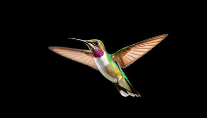 A hummingbird in mid-flight, wings outstretched, isolated on black, wildlife, closeup