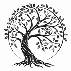 Decorative tree of life illustration black and white with leaves within a circular design