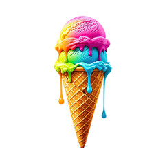 Melting Rainbow Ice Cream In Waffle Cone, Generative AI