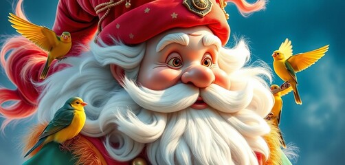 A jovial figure with a fluffy cloud beard, playful birds perched on its edges,  lighthearted,  graphic