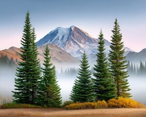 Fototapeta premium pastel mountain sunrise illustration Tranquil Mountain Landscape with Evergreen Trees in Misty Atmosphere Mount Rainier cinematic sunrise wildflower dawn at Mount Rainier