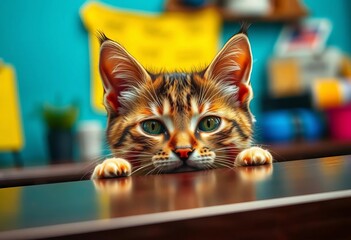 Adorable folded-ear cat peeking over table edge,   black,   photography