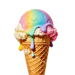 Melting Rainbow Ice Cream In Waffle Cone, Generative AI
