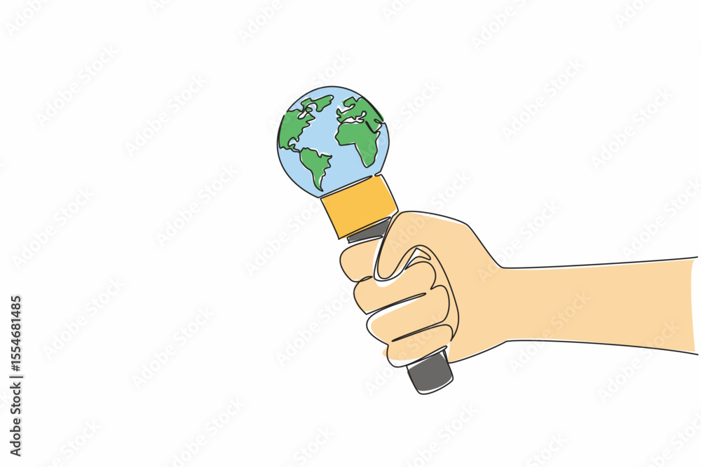 Poster continuous one line drawing hand holds microphone the top of microphone has been replaced with a glo