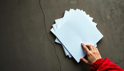 Overhead view of hand holding a stack of papers on a concrete surface,  control,  productivity