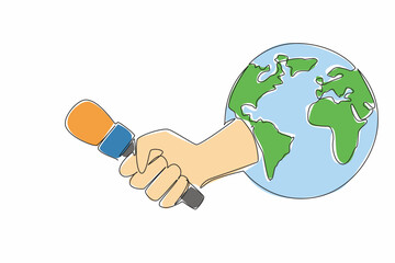 Single one line drawing the hand that comes out while holding the microphone in the middle of the globe. Threats to press freedom. World Press Freedom Day. Continuous line design graphic illustration