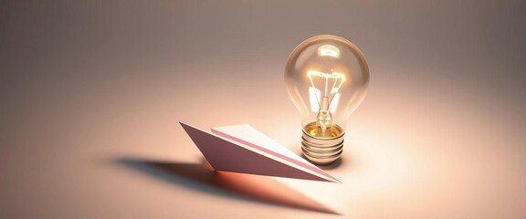 Paper airplane beside illuminated lightbulb on pristine white surface,  vision,   thinking outside the box